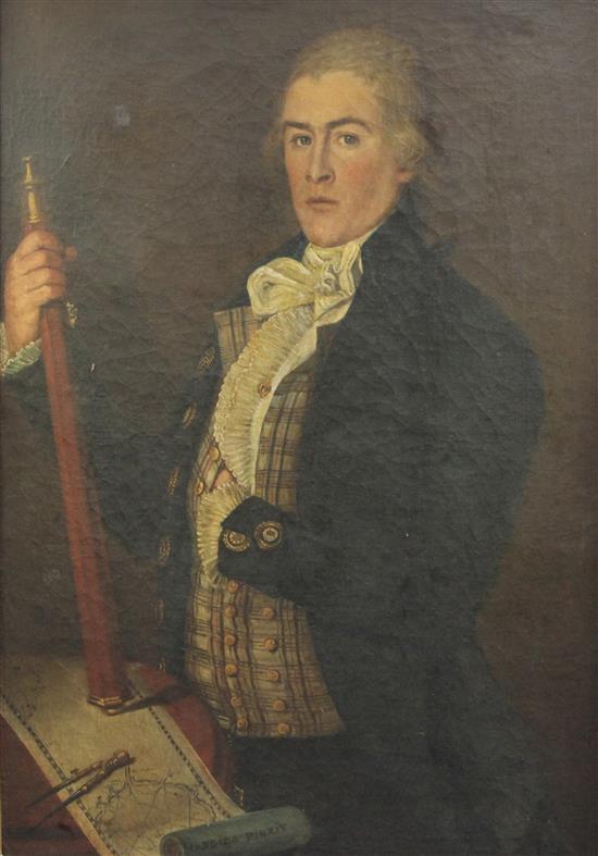 Candido (19th C. French School) Portrait of a sea captain, half length, holding a telescope, with a chart before him, 29 x 39in.